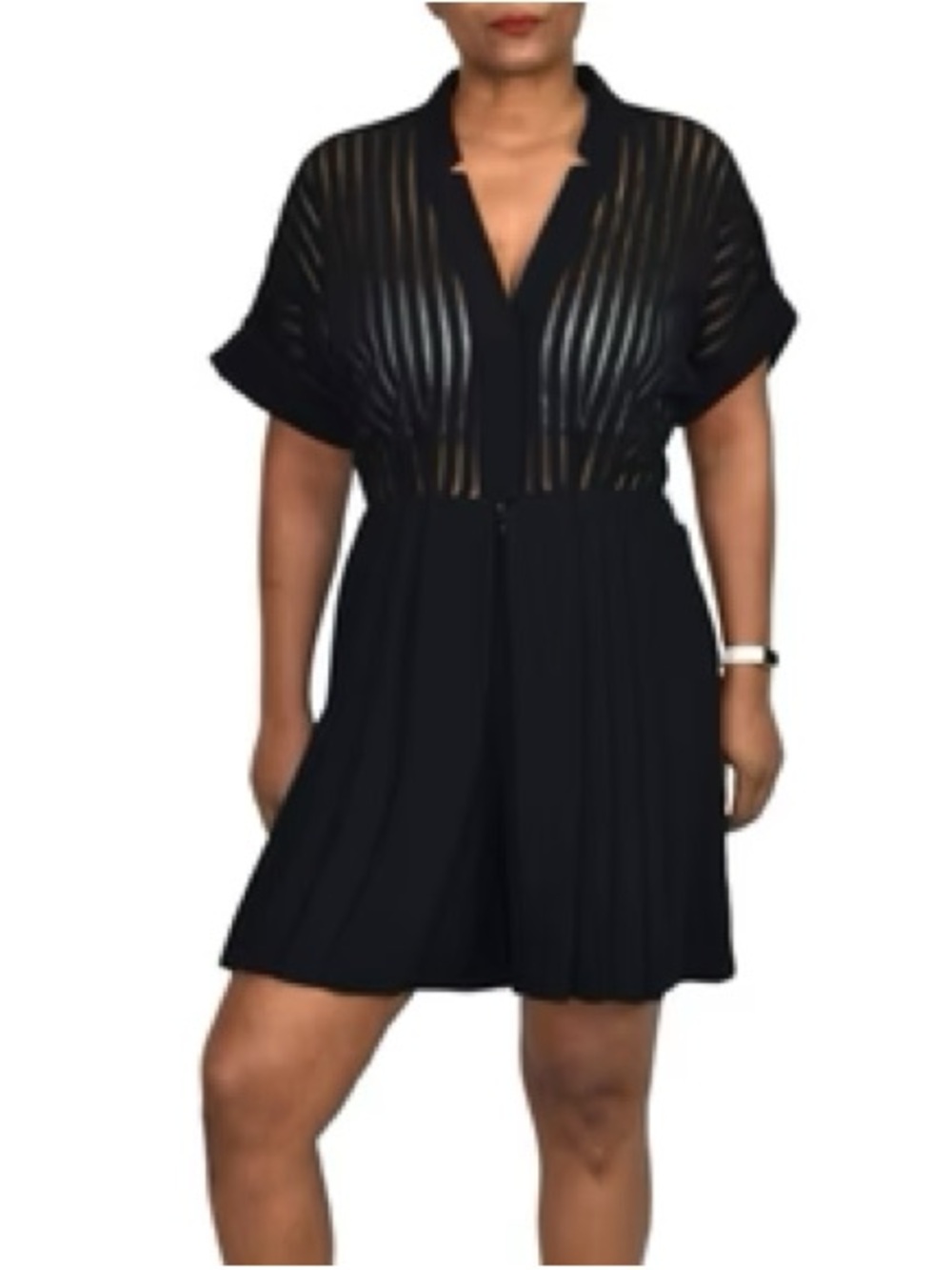 Kay Unger Black Short Sleeve Romper with Sheer Stripe Bodice
